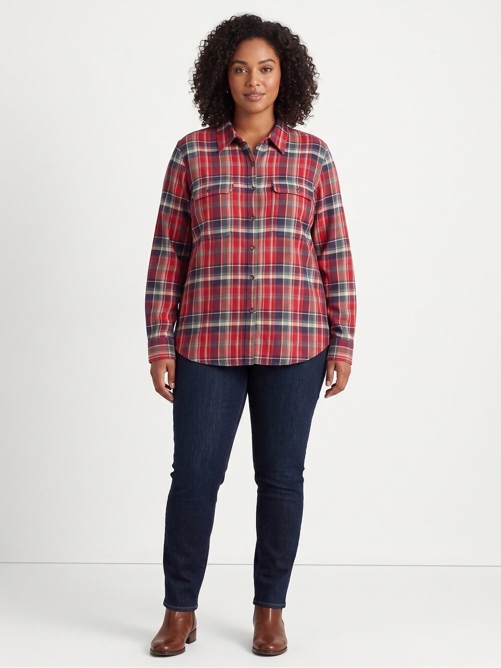 Lauren Ralph Lauren Red Blue Plaid 100% Cotton Flannel Shirt Womens XL Roll Tab